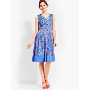 RSVP by Talbots Dress Blue Floral Scalloped Neck Pockets Stretch Cotton